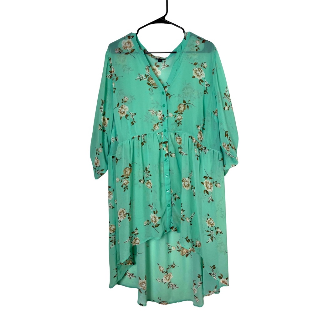 Torrid Women’s Green Floral V-Neck High Low Sheer Sun Top